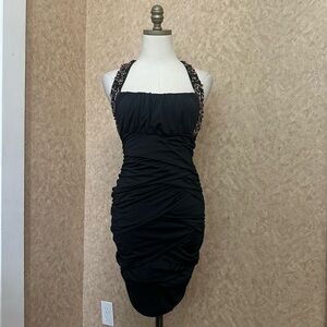 VTG Y2K 2000s Black Sequin Halter Ruched Bust Square Neck Bodycon Party Dress